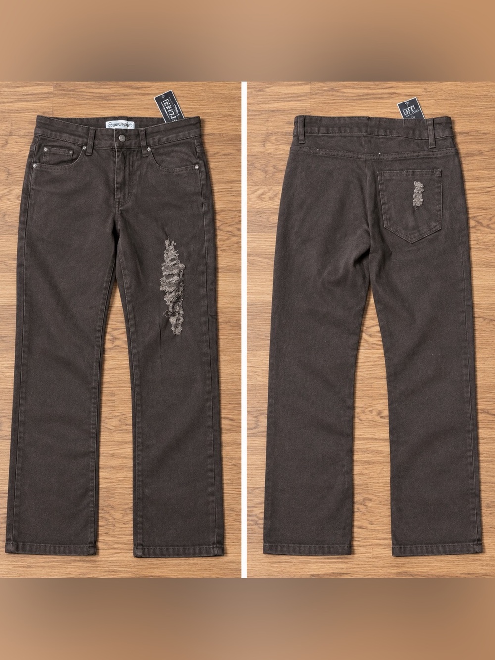 Women’s Boot Cut Jeans in Dark Brown with Distressed Detail